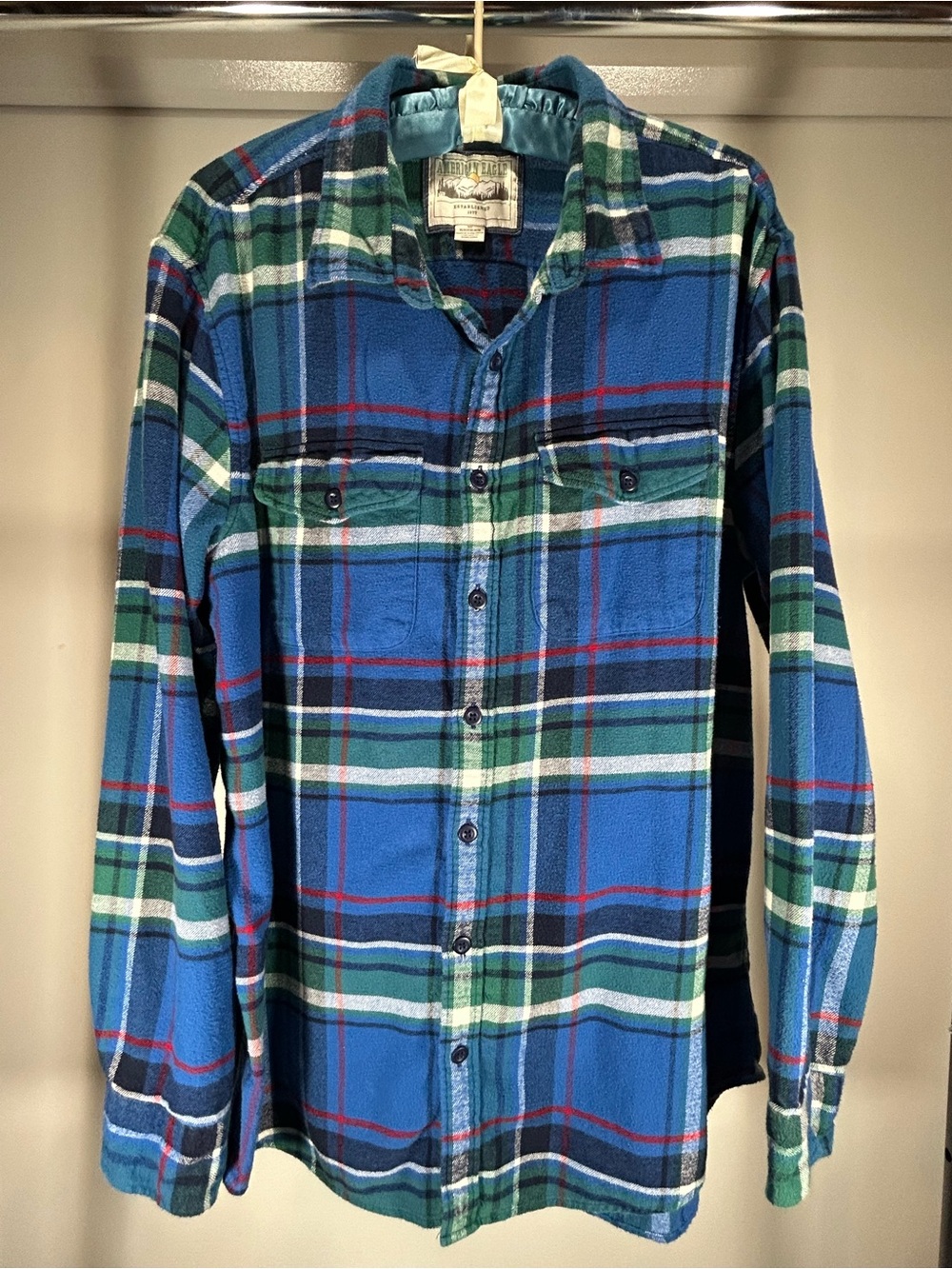 American Eagle Men’s Blue Plaid Fleece Botton Down Long Sleeve Shirt Size XL
